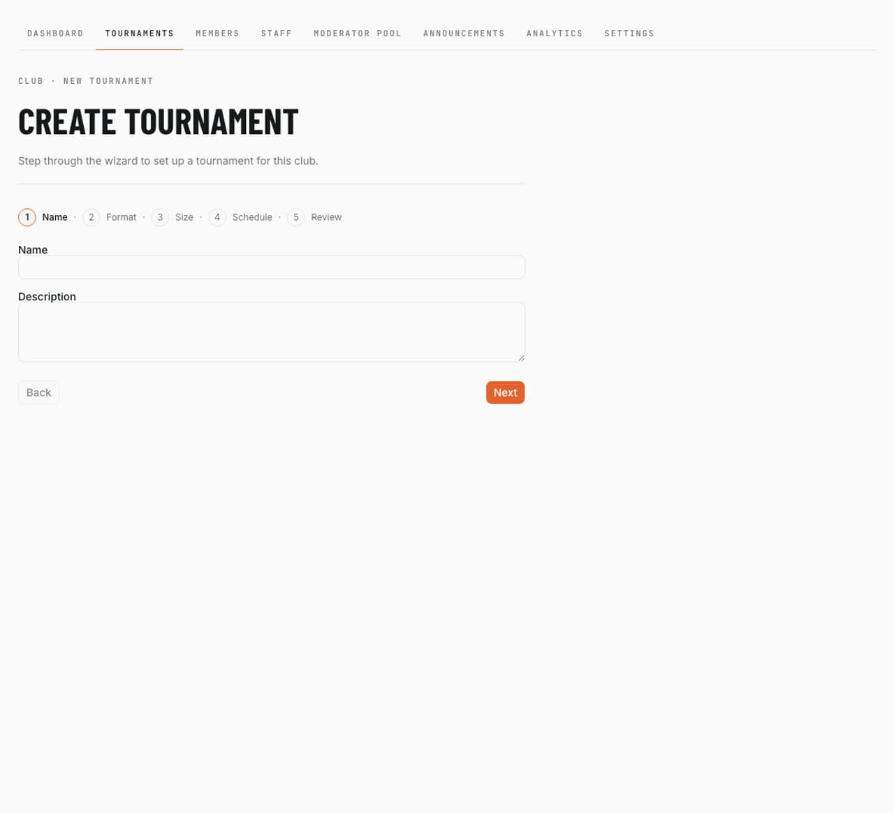 MatchUp organizer console — club dashboard with live tournaments, members, and announcements